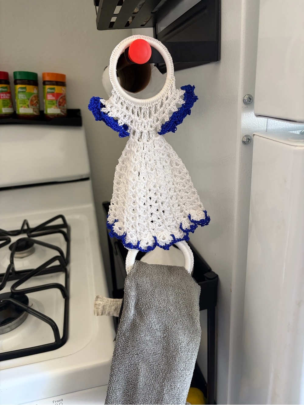 Handcrafted White and Blue Crochet Kitchen Towel Holder - Unbranded